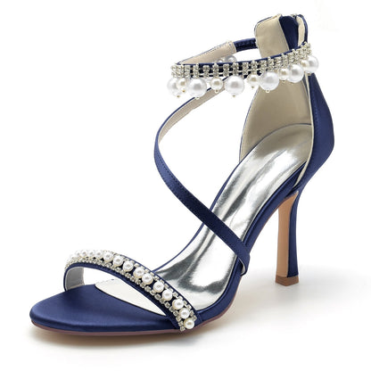 Chaussures de Soirée à Talon Aiguille et Bout Ouvert En Satin de Soie pour Femmes avec Bride à la Cheville et Perles et Strass
