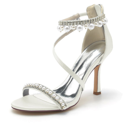 Chaussures de Soirée à Talon Aiguille et Bout Ouvert En Satin de Soie pour Femmes avec Bride à la Cheville et Perles et Strass