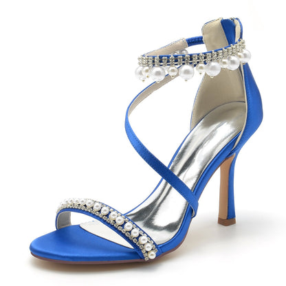 Chaussures de Soirée à Talon Aiguille et Bout Ouvert En Satin de Soie pour Femmes avec Bride à la Cheville et Perles et Strass