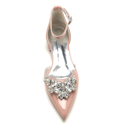 Chaussures de Mariage à Talon Plat et Bout Fermé En Cuir Verni pour Femmes avec Bride à la Cheville et Strass