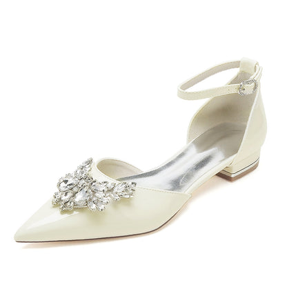 Chaussures de Mariage à Talon Plat et Bout Fermé En Cuir Verni pour Femmes avec Bride à la Cheville et Strass