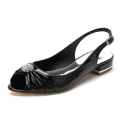 Chaussures de Soirée à Talon Plat et Bout Ouvert En Cuir Verni avec Finition Miroir et Strass pour Femmes