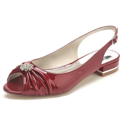 Chaussures de Soirée à Talon Plat et Bout Ouvert En Cuir Verni avec Finition Miroir et Strass pour Femmes