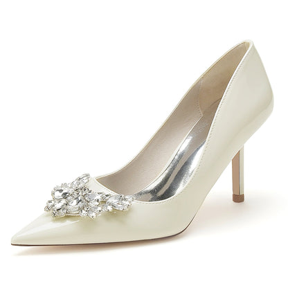 Chaussures de Mariage à Talon Aiguille et Bout Fermé En Cuir Verni avec Finition Miroir et Strass pour Femmes
