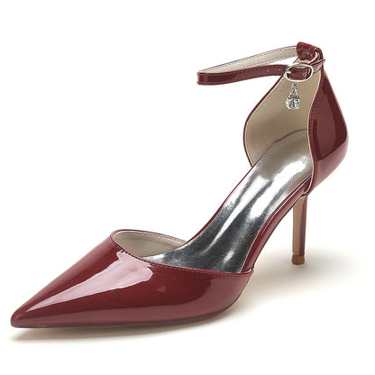 Chaussures de Soirée à Talon Aiguille et Bout Fermé En Cuir Verni avec Bride à la Cheville pour Femme