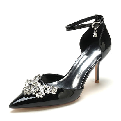 Chaussures de Mariage à Talon Aiguille et Bout Fermé En Cuir Verni pour Femmes avec Bride à la Cheville et Strass