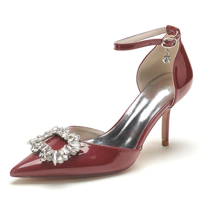 Chaussures de Soirée à Talon Aiguille et Bout Fermé En Cuir Verni pour Femmes avec Bride à la Cheville et Strass Finition Miroir