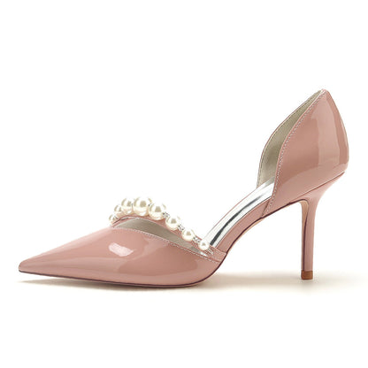 Chaussures de Soirée à Talon Aiguille et Bout Fermé En Cuir Verni avec Finition Miroir et Perles pour Femmes