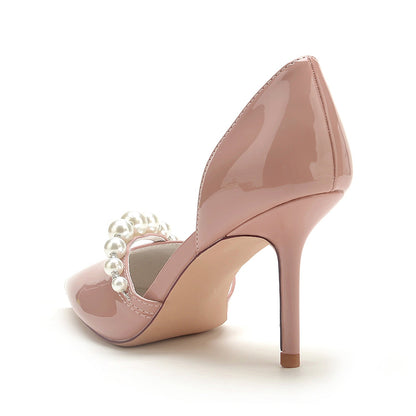 Chaussures de Soirée à Talon Aiguille et Bout Fermé En Cuir Verni avec Finition Miroir et Perles pour Femmes