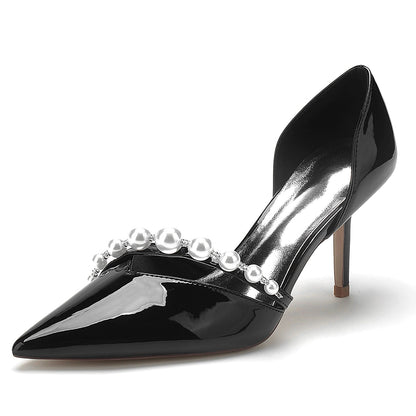 Chaussures de Soirée à Talon Aiguille et Bout Fermé En Cuir Verni avec Finition Miroir et Perles pour Femmes