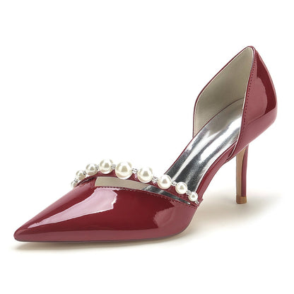 Chaussures de Soirée à Talon Aiguille et Bout Fermé En Cuir Verni avec Finition Miroir et Perles pour Femmes