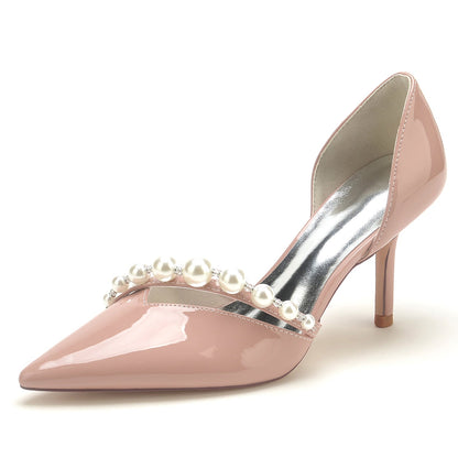 Chaussures de Soirée à Talon Aiguille et Bout Fermé En Cuir Verni avec Finition Miroir et Perles pour Femmes