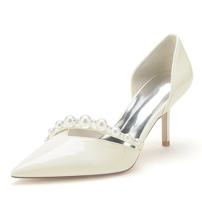 Chaussures de Soirée à Talon Aiguille et Bout Fermé En Cuir Verni avec Finition Miroir et Perles pour Femmes