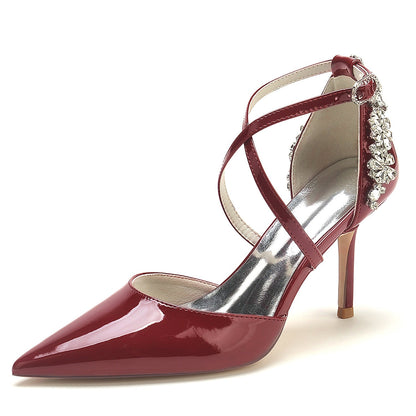Chaussures de Mariage à Talon Aiguille et Bout Fermé En Cuir Verni pour Femmes avec Bride à la Cheville et Strass