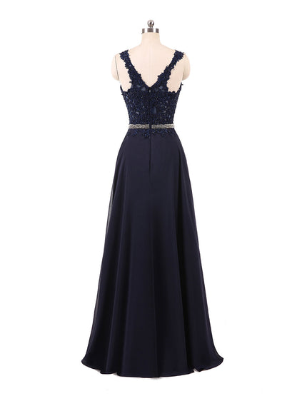 Forme Princesse Col V Sans Manches Mousseline de soie avec Brodé Strass Longueur ras du sol Robes de demoiselle d'honneur