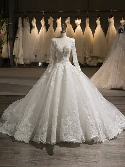 Scoop manches longues tulle appliqué avec perles chapelle train robe de bal robes de mariée