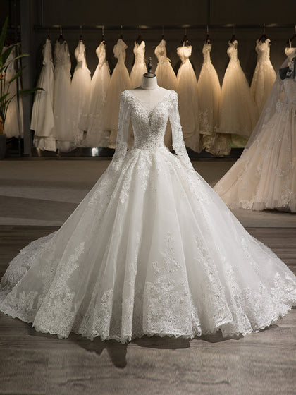 Scoop manches longues tulle appliqué avec perles chapelle train robe de bal robes de mariée