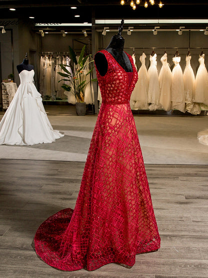 A-ligne/Princesse Col en V Sans Manches Strass Dos Nu Rouge Longueur Sol Robes de Mariée