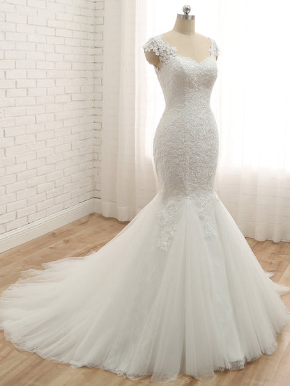Trompette/Sirène Col en V Sans Manches Appliqués Tulle Longueur Sol Robes de Mariée
