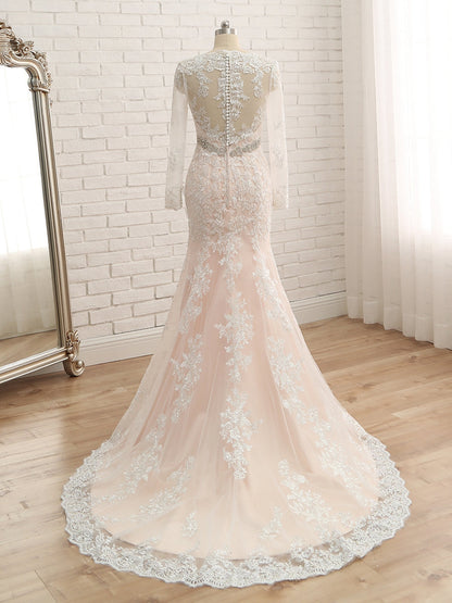 Trompette/Sirène Col en V Manches Longues Appliqués avec Strass Tulle Longueur Sol Robes de Mariée