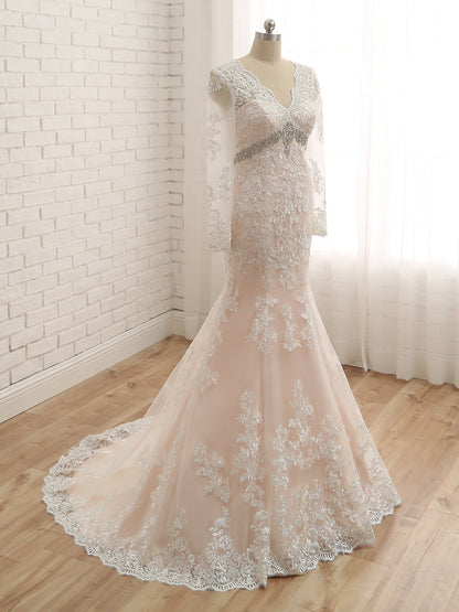 Trompette/Sirène Col en V Manches Longues Appliqués avec Strass Tulle Longueur Sol Robes de Mariée