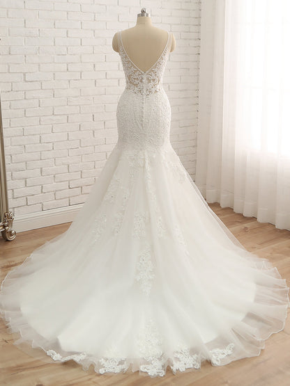 Trompette/Sirène Col en V Sans Manches Appliqués avec Perles Tulle Traîne Tribunal Robes de mariée