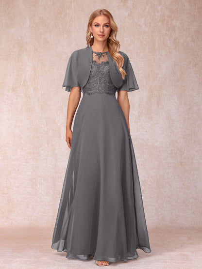 Robes mère de la mariée longues en mousseline de soie, coupe trapèze, avec veste et appliques
