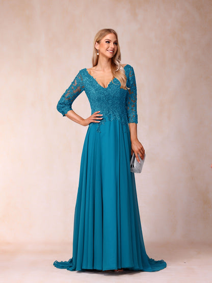 Forme Princesse Col V Manches 3/4 Longue Robes de soirée formelles avec Paillettes
