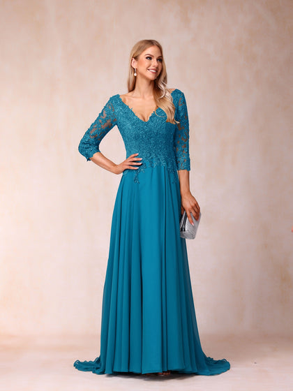 Forme Princesse Col V Manches 3/4 Longue Robes de soirée formelles avec Paillettes