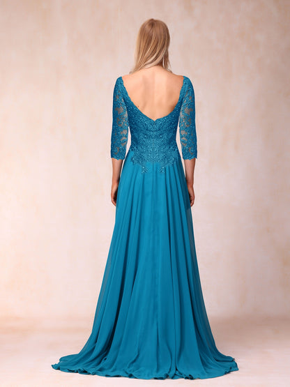 Forme Princesse Col V Manches 3/4 Longue Robes de soirée formelles avec Paillettes