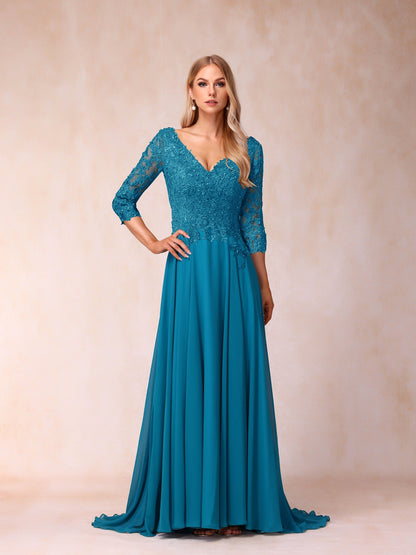 Forme Princesse Col V Manches 3/4 Longue Robes de soirée formelles avec Paillettes