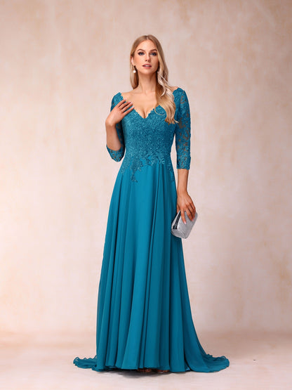 Forme Princesse Col V Manches 3/4 Longue Robes de soirée formelles avec Paillettes