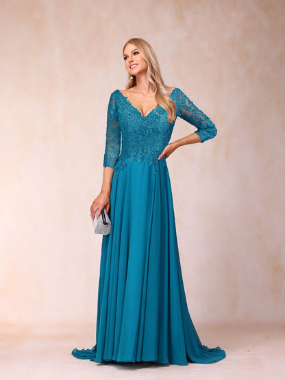 Forme Princesse Col V Manches 3/4 Longue Robes de soirée formelles avec Paillettes
