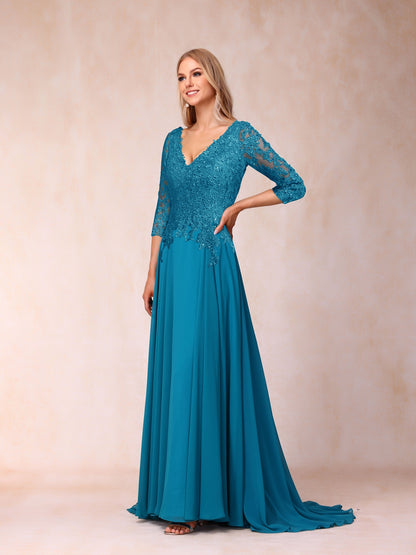 Forme Princesse Col V Manches 3/4 Longue Robes de soirée formelles avec Paillettes