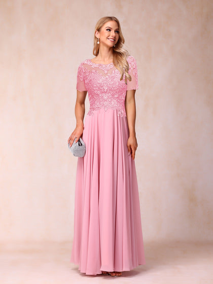 Forme Princesse Col Transparent Manches Courtes Longue Robes de Soirée Formel avec Paillettes et Appliques
