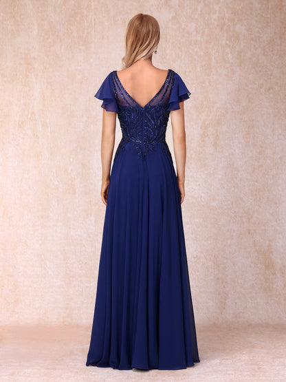 Forme Princesse Col en V Manches courtes Longue Robes de soirée formelles avec Billes et paillettes