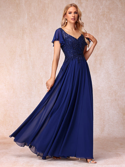 Forme Princesse Col en V Manches courtes Longue Robes de soirée formelles avec Billes et paillettes