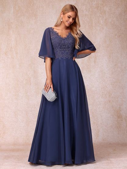 Forme Princesse Col en V Demi-manches Longue Robes de soirée formelles avec Billes et Appliques