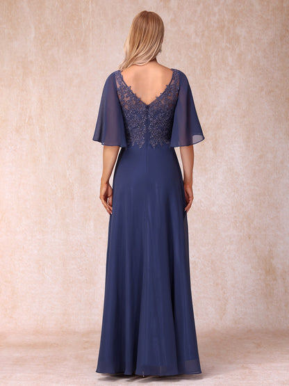 Forme Princesse Col en V Demi-manches Longue Robes de soirée formelles avec Billes et Appliques