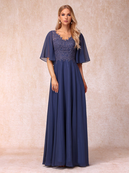 Forme Princesse Col en V Demi-manches Longue Robes de soirée formelles avec Billes et Appliques
