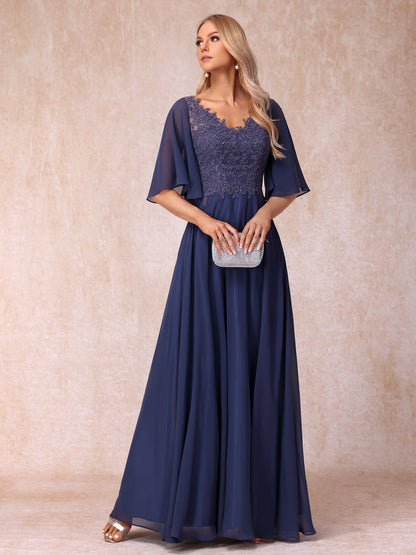 Forme Princesse Col en V Demi-manches Longue Robes de soirée formelles avec Billes et Appliques