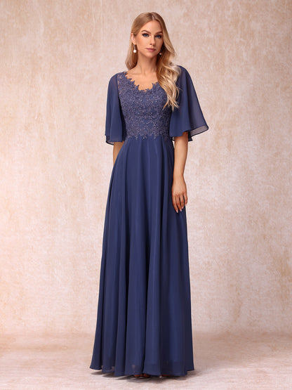 Forme Princesse Col en V Demi-manches Longue Robes de soirée formelles avec Billes et Appliques