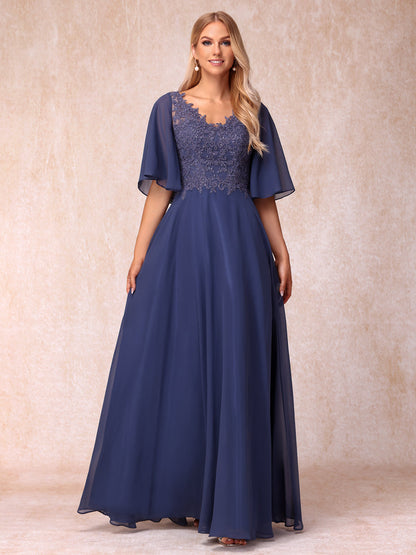 Forme Princesse Col en V Demi-manches Longue Robes de soirée formelles avec Billes et Appliques