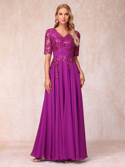 Forme Princesse Col en V Demi manches Longue Robes de soirée formelles avec Paillettes