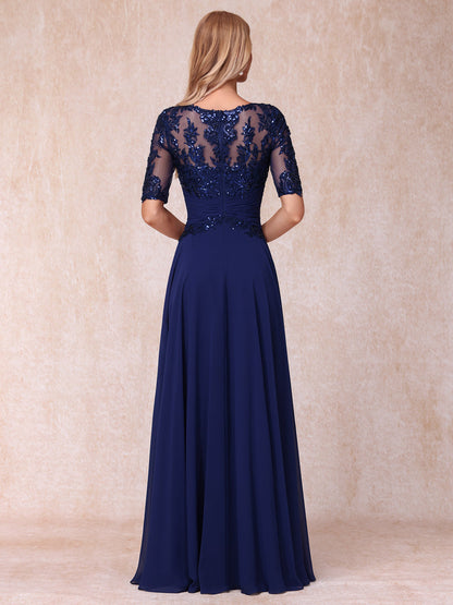 Forme Princesse Col Transparent Demi Manches Longue Robes de Soirée Formel avec Paillettes