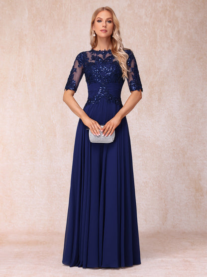 Forme Princesse Col Transparent Demi Manches Longue Robes de Soirée Formel avec Paillettes