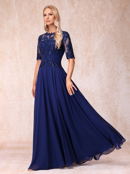 Forme Princesse Col Transparent Demi Manches Longue Robes de Soirée Formel avec Paillettes