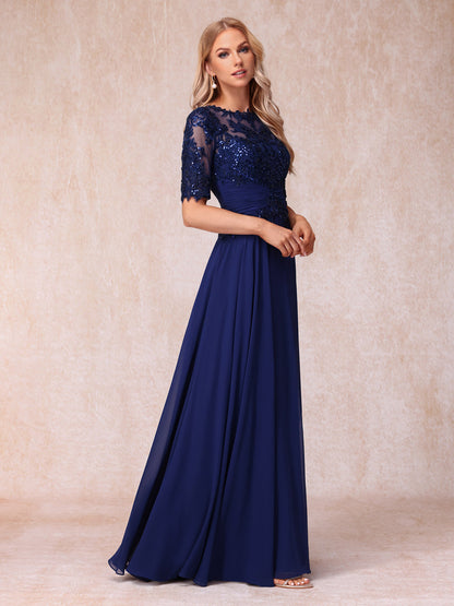 Forme Princesse Col Transparent Demi Manches Longue Robes de Soirée Formel avec Paillettes