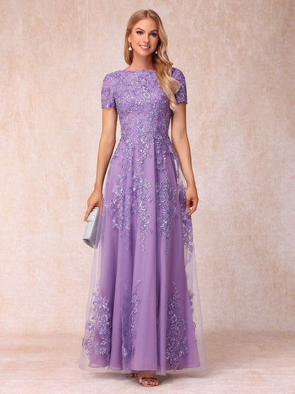 Forme Princesse Col Transparent Manches Courtes Longue Robes de Soirée Formel avec Appliques et Paillettes