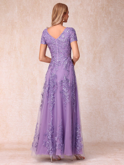 Forme Princesse Col Transparent Manches Courtes Longue Robes de Soirée Formel avec Appliques et Paillettes